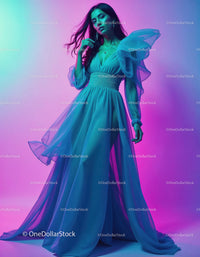 Elegant Woman in Flowing Blue Dress with Vibrant Lighting