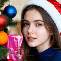 Young woman in Santa hat near decorated Christmas tree