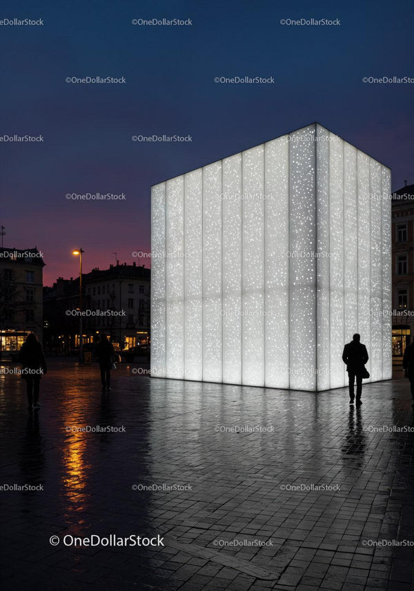 Modern Illuminated Cube Art Installation in City Square at Dusk JPG Mockup Image
