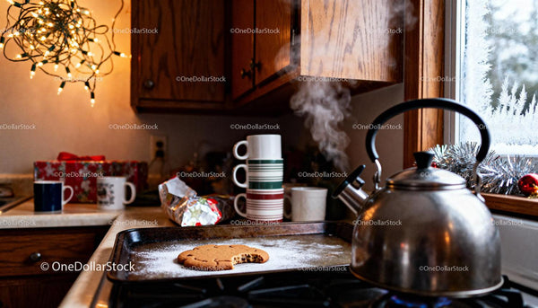 Cozy winter kitchen with steaming kettle and cookie