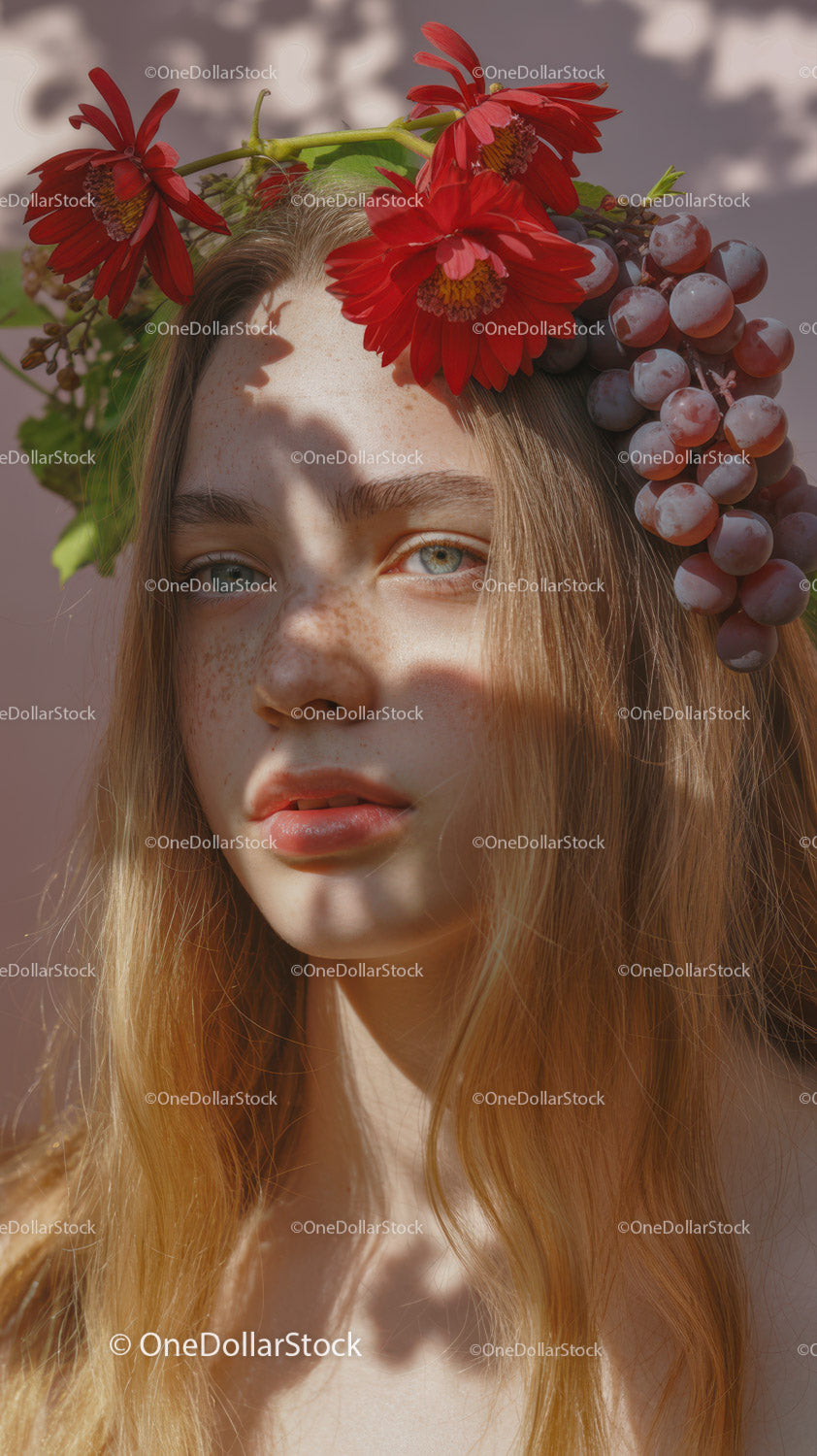 Young Woman with Red Floral Crown and Purple Grapes Outdoor Portrait