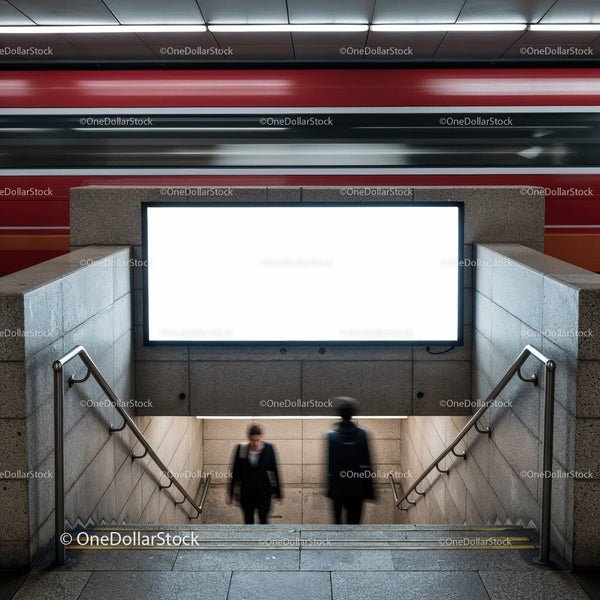 Blurred commuters entering urban subway station stairs JPG Mockup Image