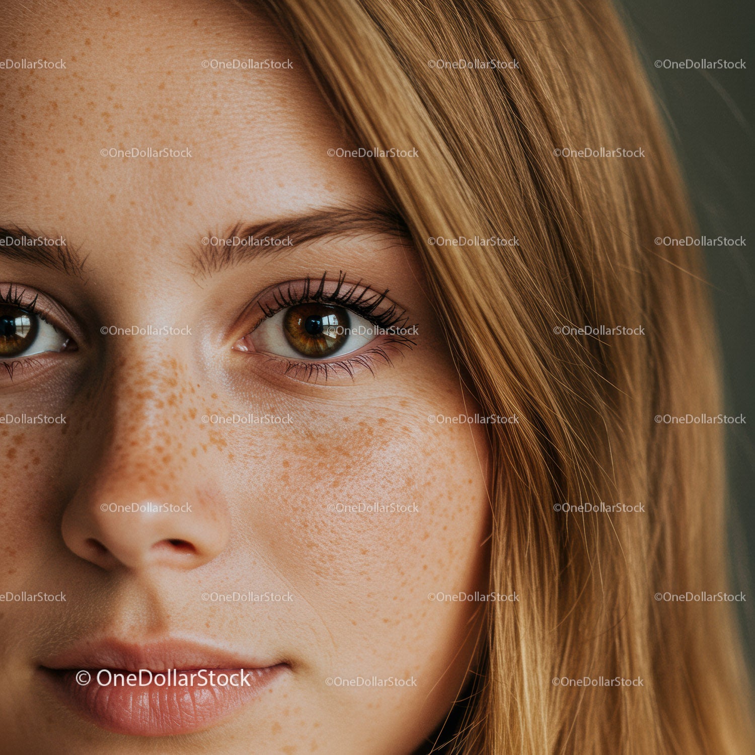 Close-up of young woman with freckles and natural makeup