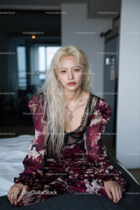 Elegant Woman in Satin Floral Dress with Jewelry Indoors