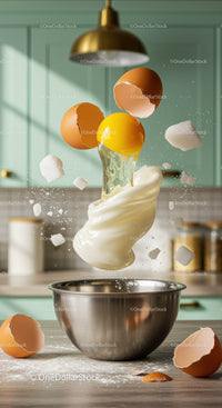 Fresh eggs cracking with cream splash in kitchen