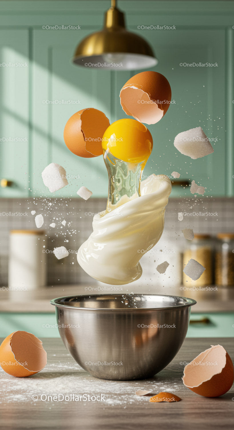 Fresh eggs cracking with cream splash in kitchen