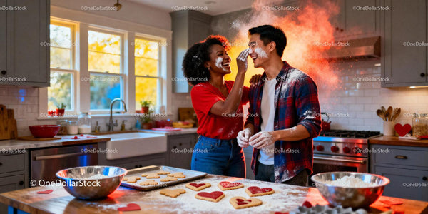Couple Laughing and Baking Heart Cookies Together