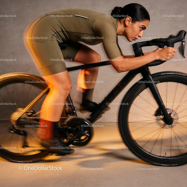 Focused female cyclist training indoors on black road bike