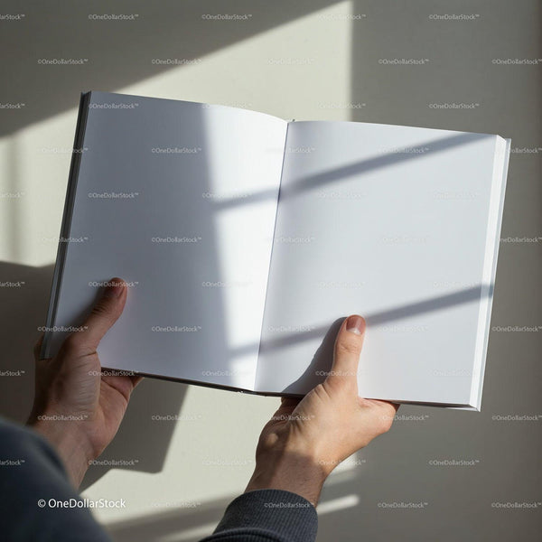 Person Holding an Open Blank Book in Natural Light JPG Mockup Image