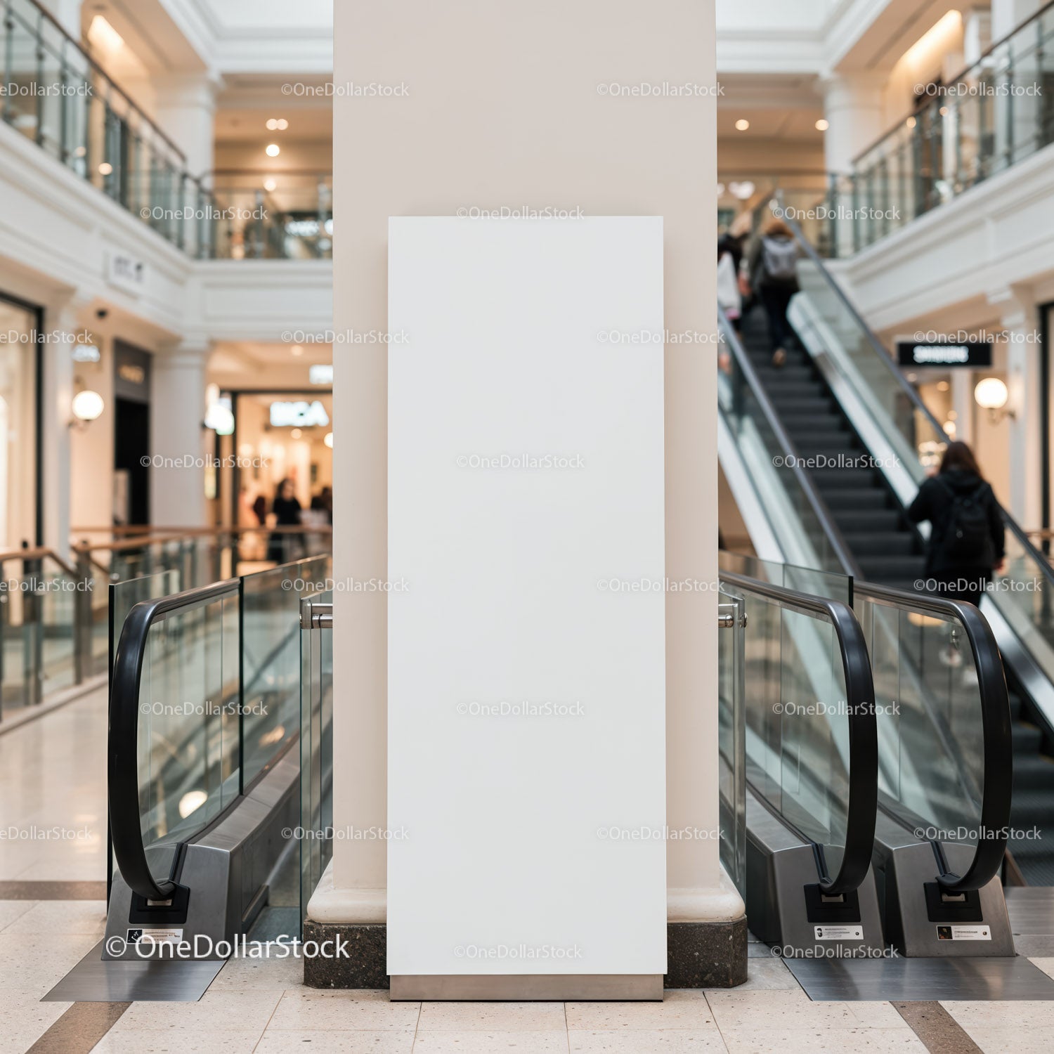 Blank vertical billboard in busy modern shopping mall