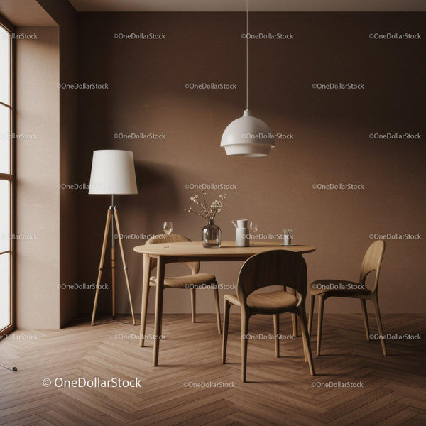 Modern Minimalist Dining Room with Wooden Chairs and Pendant Light