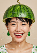 Smiling woman wearing watermelon helmet with water drops