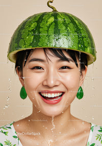 Smiling woman wearing watermelon helmet with water drops