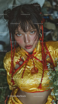 Young Woman in Vibrant Traditional Dress with Intense Expression in Nature