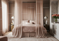 Elegant bedroom with soft pink canopy and floral decor
