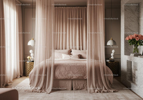 Elegant bedroom with soft pink canopy and floral decor