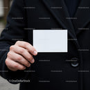 Person Holding Blank White Card in Black Coat