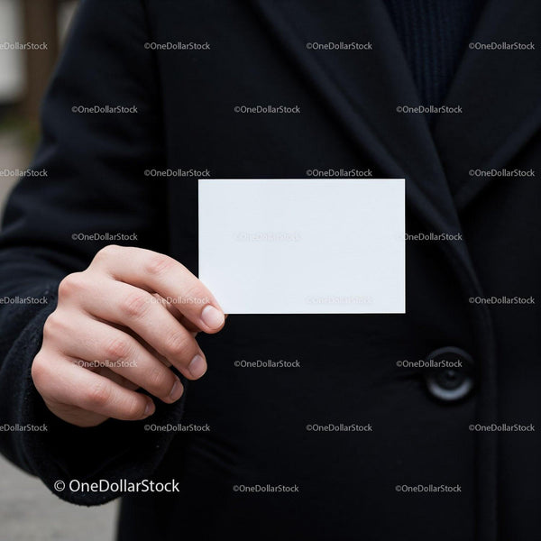 Person Holding Blank White Card in Black Coat JPG Mockup Image