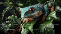 Vibrant Green Rainforest Frog on Moist Leaf in Tropical Environment