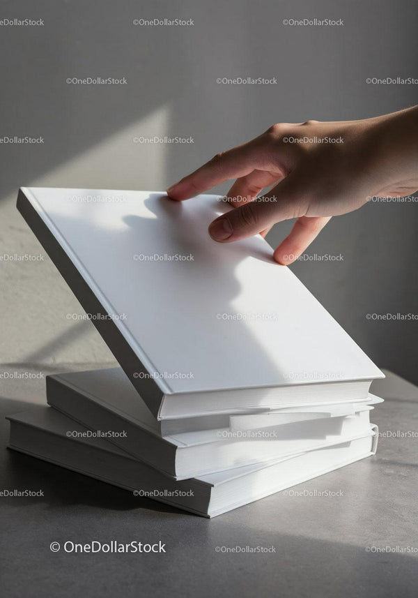 Hand lifting a clean white book from stack JPG Mockup Image