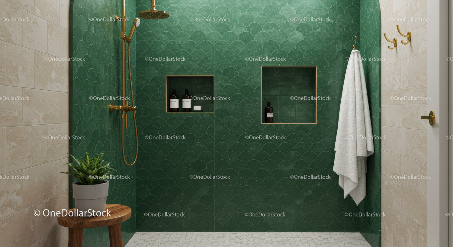 Modern bathroom with green tiles and gold fixtures