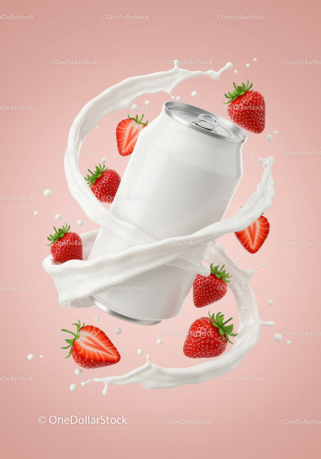 Refreshing strawberry splash with milk can on pink