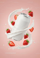 Refreshing strawberry splash with milk can on pink