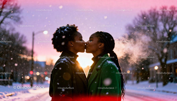 Two Women Sharing a Tender Winter Kiss at Sunset