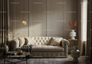 Cozy beige sofa with pillows in modern living room