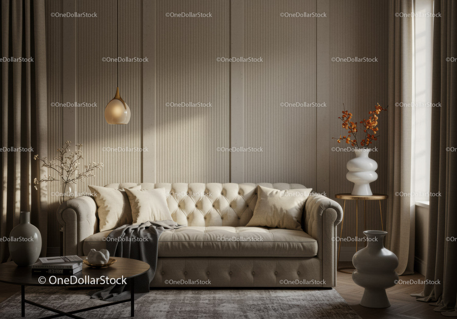 Przytulna beżowa sofa z poduszkami w nowoczesnym salonie