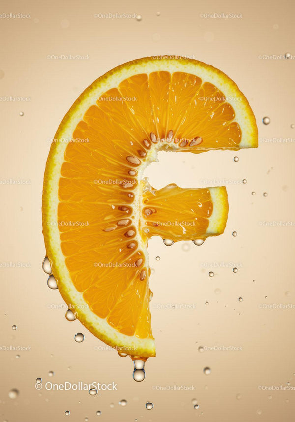 Fresh orange slice shaped like letter F with water droplets