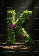 Letter K made of lush green plants and orchids