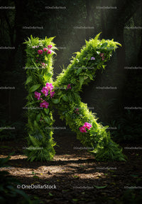 Letter K made of lush green plants and orchids