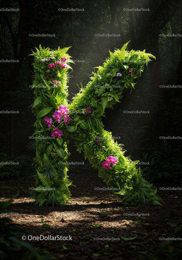 Letter K made of lush green plants and orchids