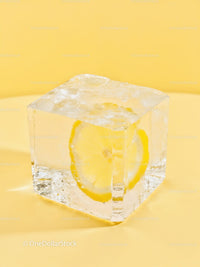 Ice Cube with Lemon Slice on Yellow Background
