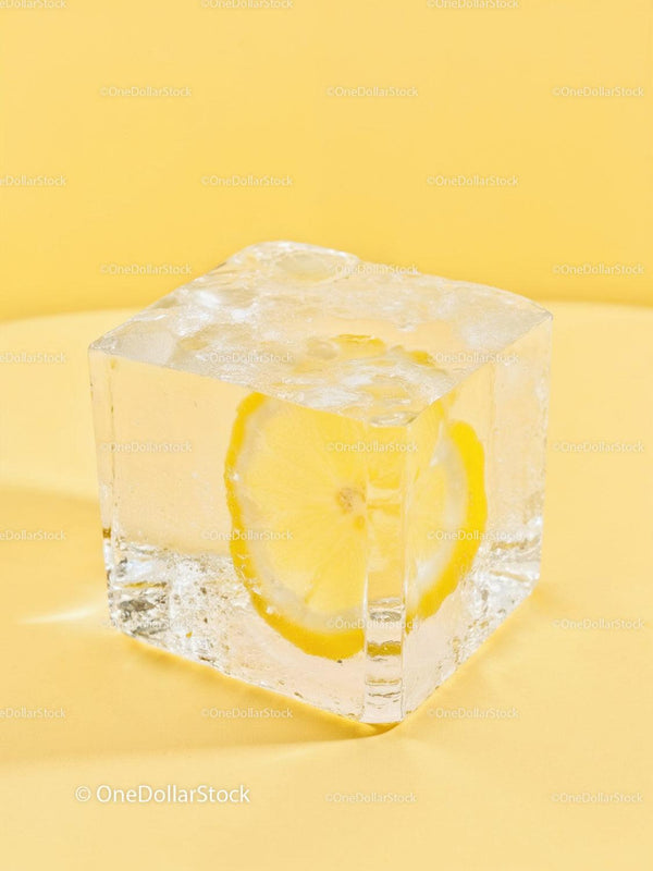 Ice Cube with Lemon Slice on Yellow Background