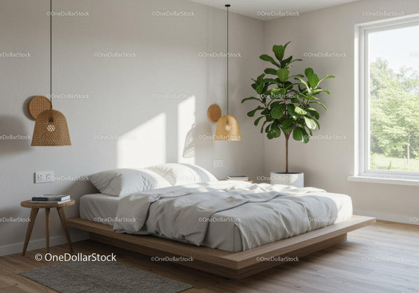 Minimalist bedroom with natural light and green plant
