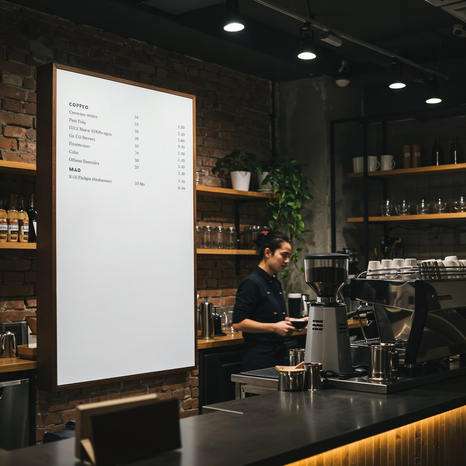 Barista preparing coffee behind stylish cafe counter