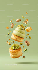 Floating pistachio cream puff pastries with nuts