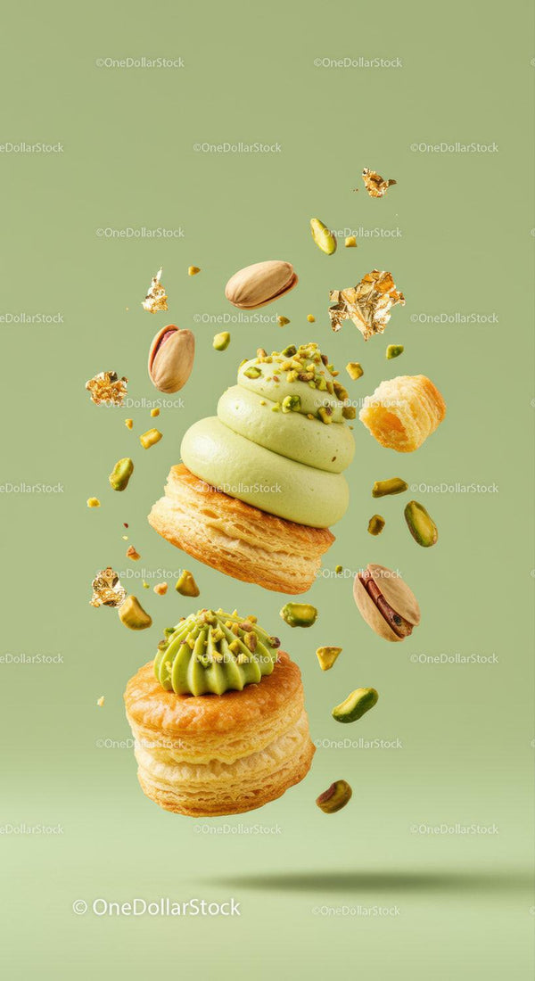 Floating pistachio cream puff pastries with nuts