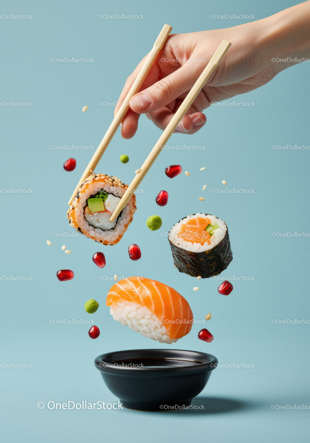 Fresh sushi rolls and nigiri with soy sauce dipping bowl