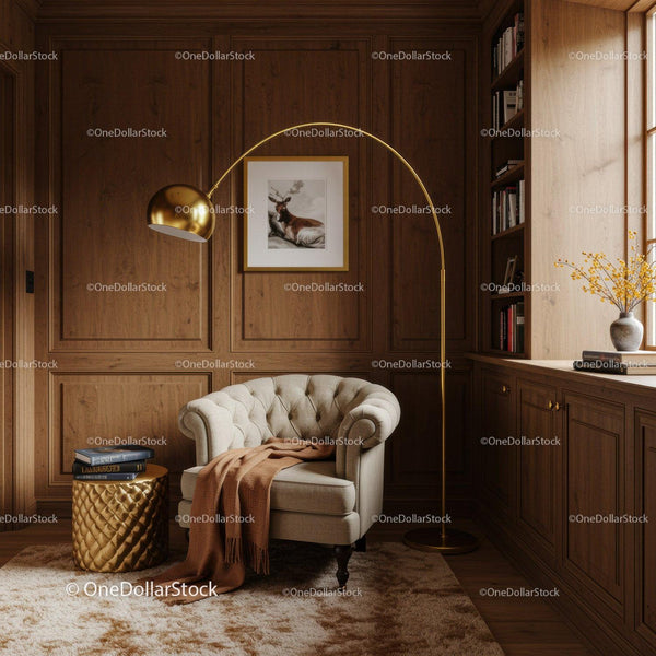 Cozy reading nook with tufted armchair and gold lamp