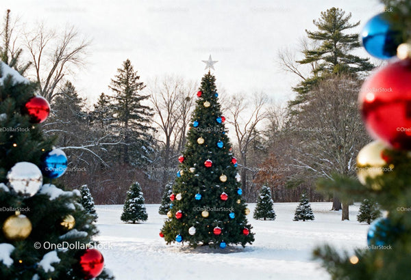 Decorated Christmas tree standing in snowy winter landscape