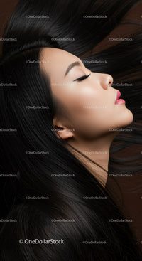 Profile of a serene woman with flowing black hair