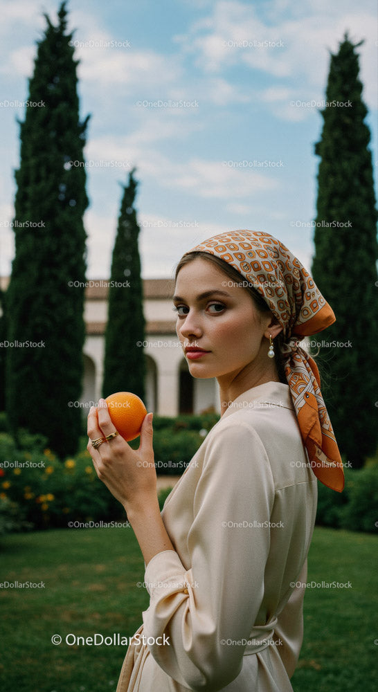 Stylish Woman Holding an Orange in a Bright Outdoor Setting