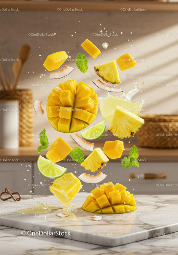 Fresh tropical fruit pieces with liquid splash on marble
