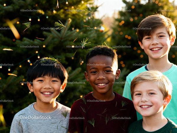 Joyful kids smiling outdoors with pine needles on clothes