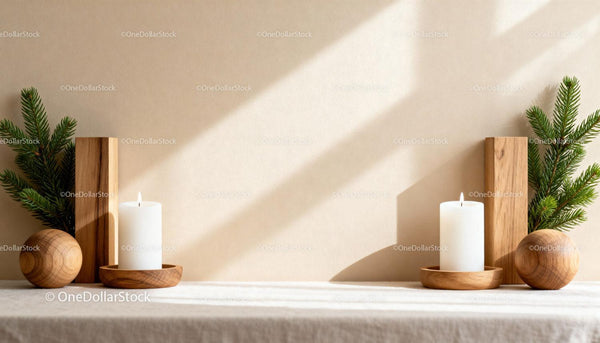 Minimalist candles with green pine and wooden decor