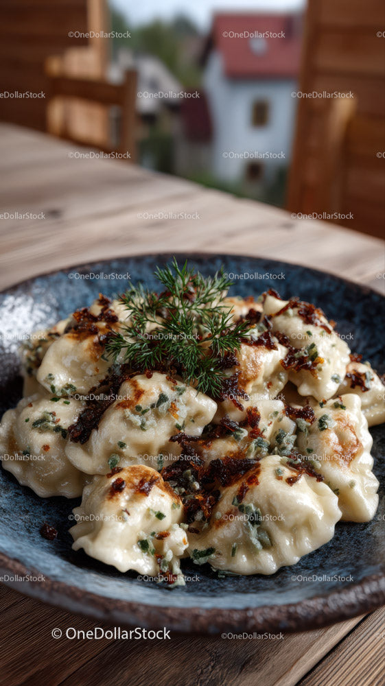 Dumplings with Bacon and Herbs Served in Rustic Bowl
