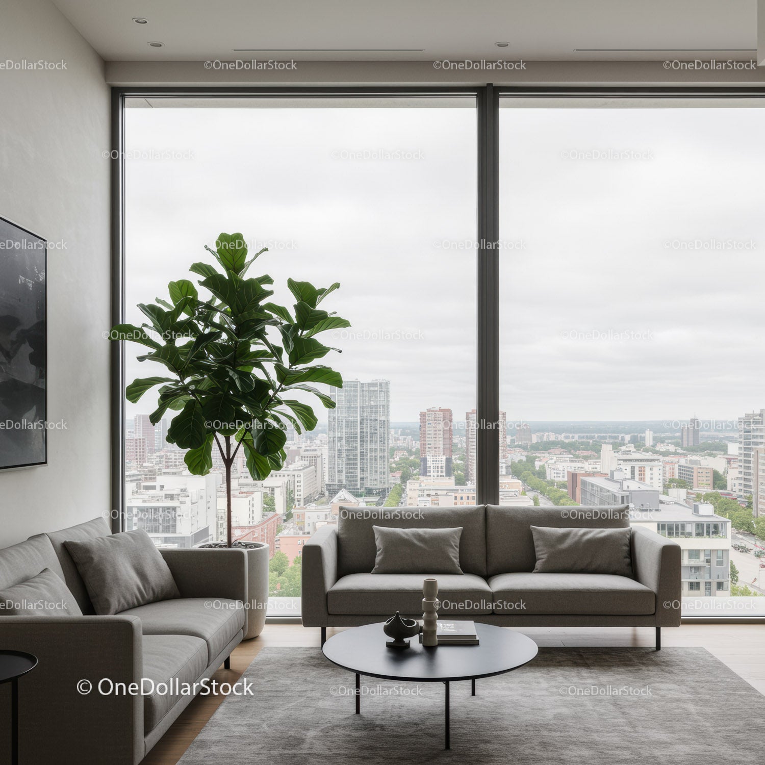 Modern Urban Living Room with Large Window and City Skyline